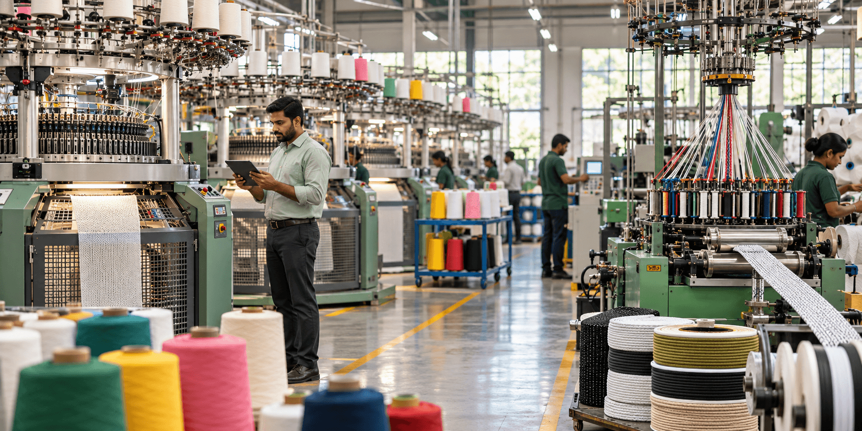 An Indian knitting and braiding mill with a supervisor and textile machines