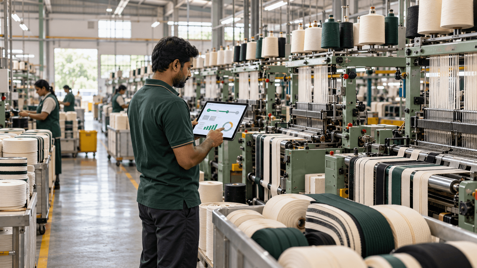 A textile factory operator reviewing a production dashboard beside narrow tape looms
